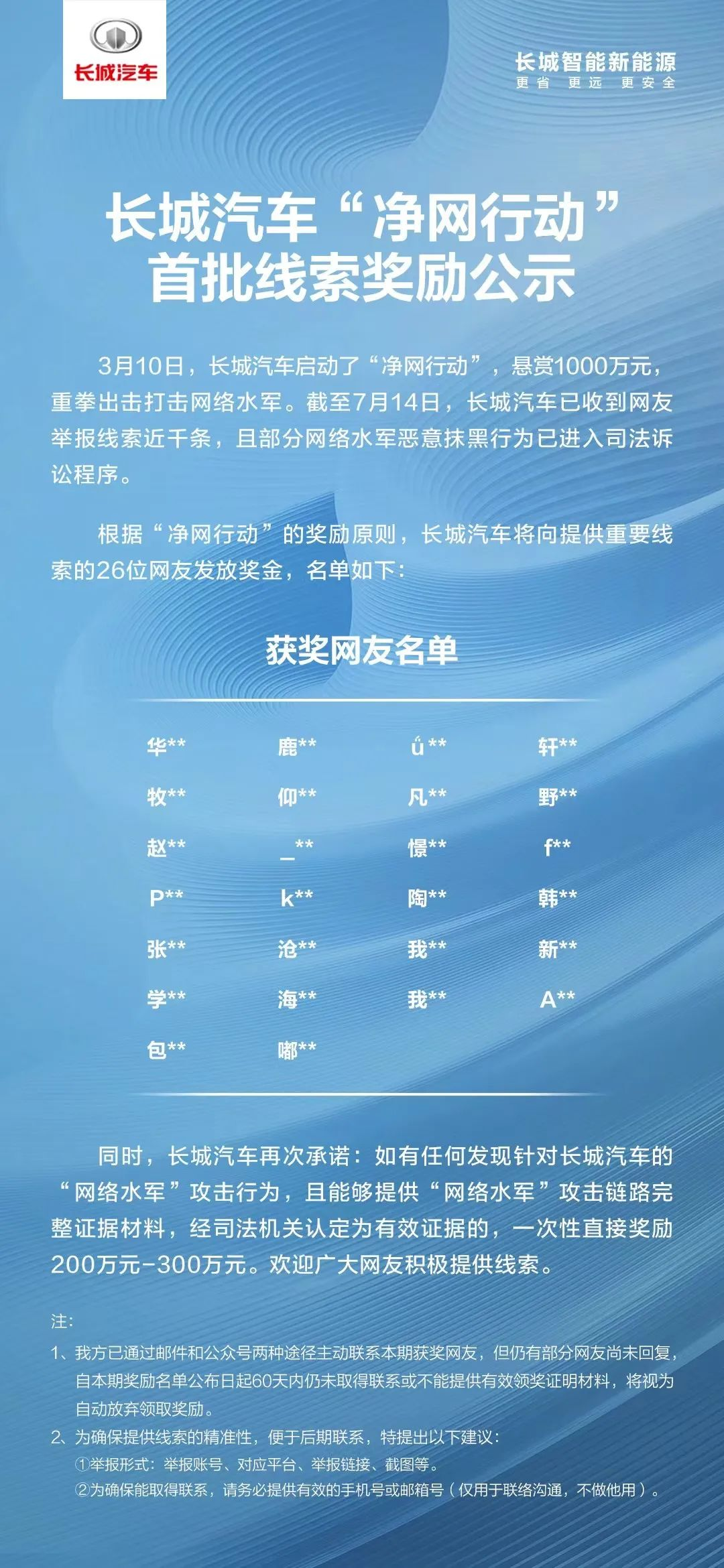最新进展：长城汽车“1000万悬赏计划”！(图1)